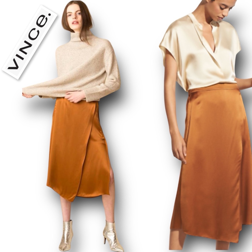 NWT VINCE Drape Panel Silk Satin Midi Split Side Skirt In Light Copper Size M